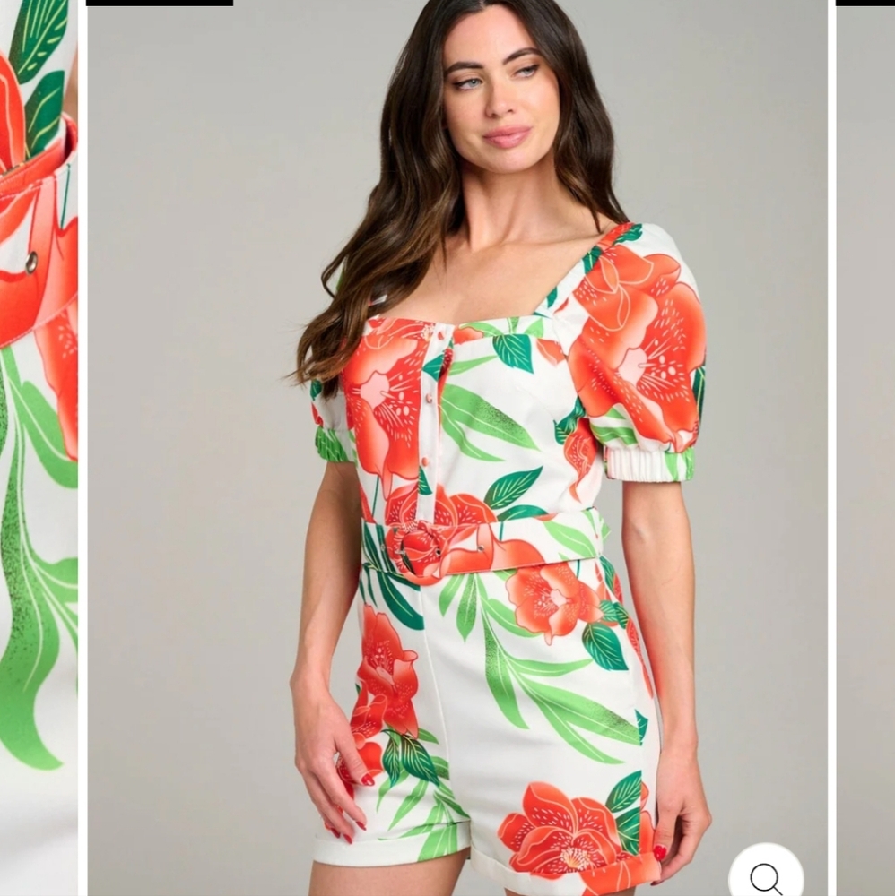 Red and White Floral Belted Jumpsuit/Romper with Chic Design - Picture 3 of 4
